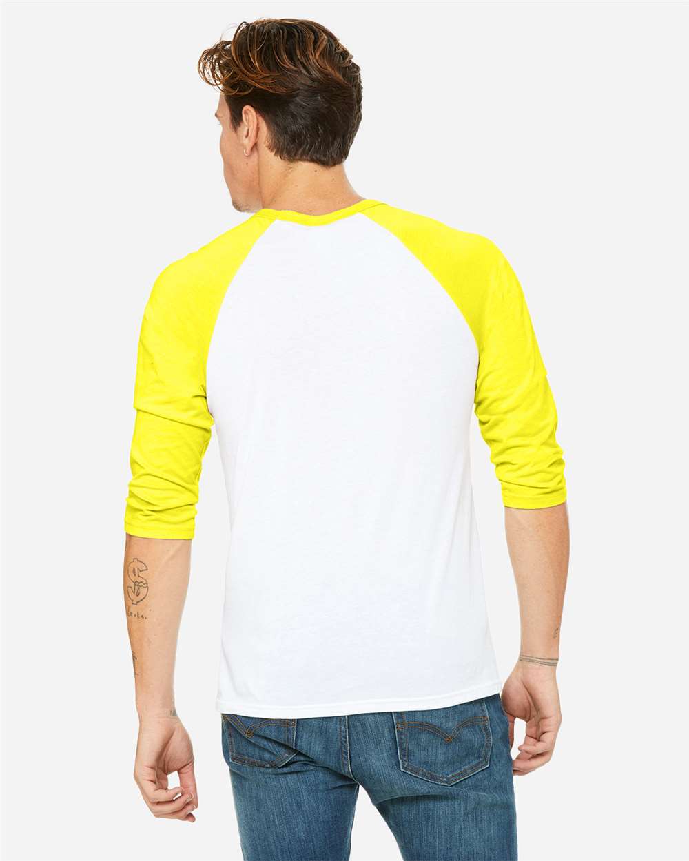 Unisex Three-Quarter Sleeve Baseball Tee - OnModelBack - B80106052 - White/ Neon Yellow