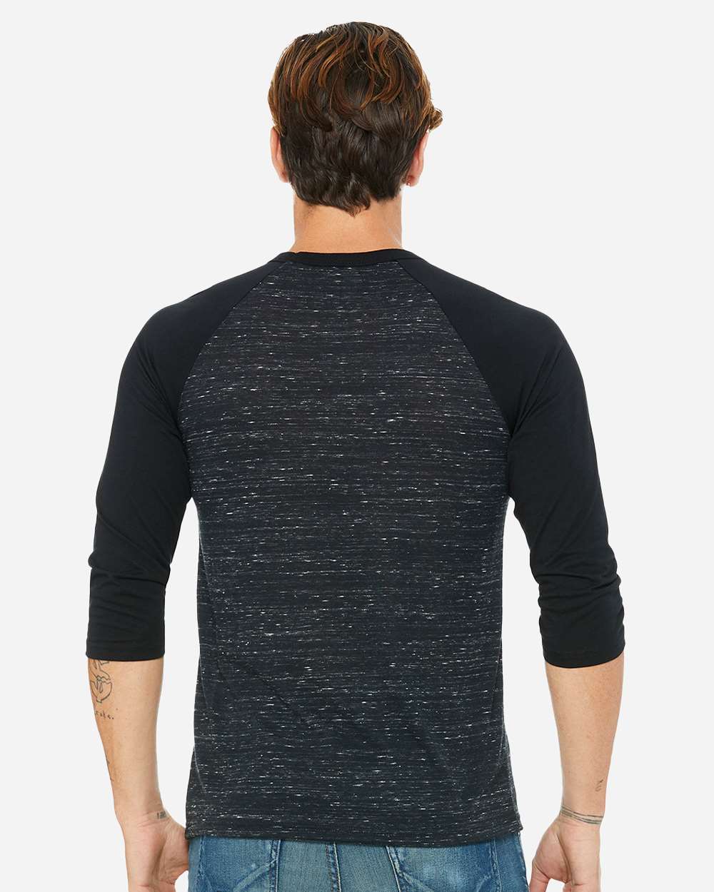 Unisex Three-Quarter Sleeve Baseball Tee - OnModelBack - B80106502 - Black Marble/ Black