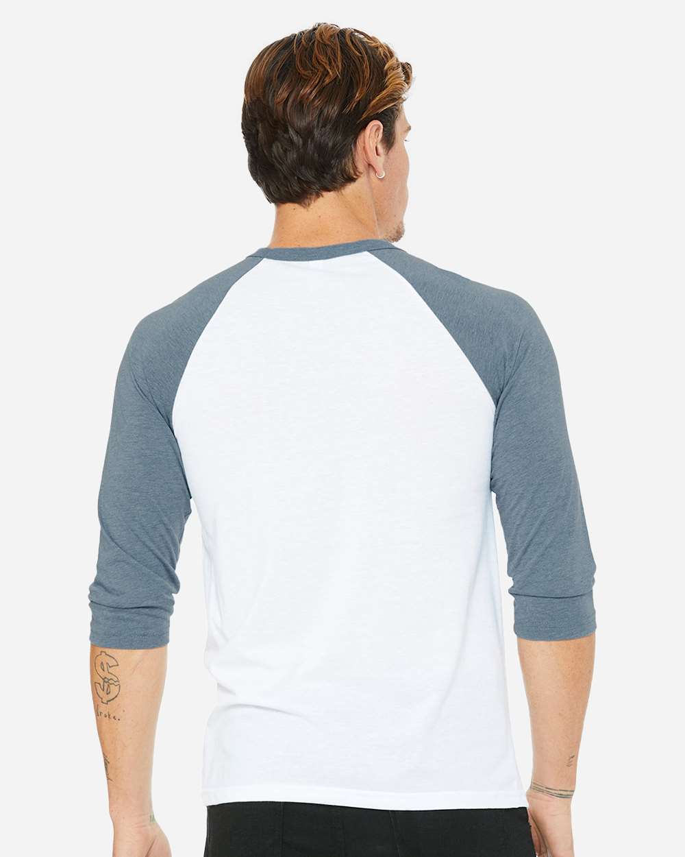 Unisex Three-Quarter Sleeve Baseball Tee - OnModelBack - B80106682 - White/ Denim