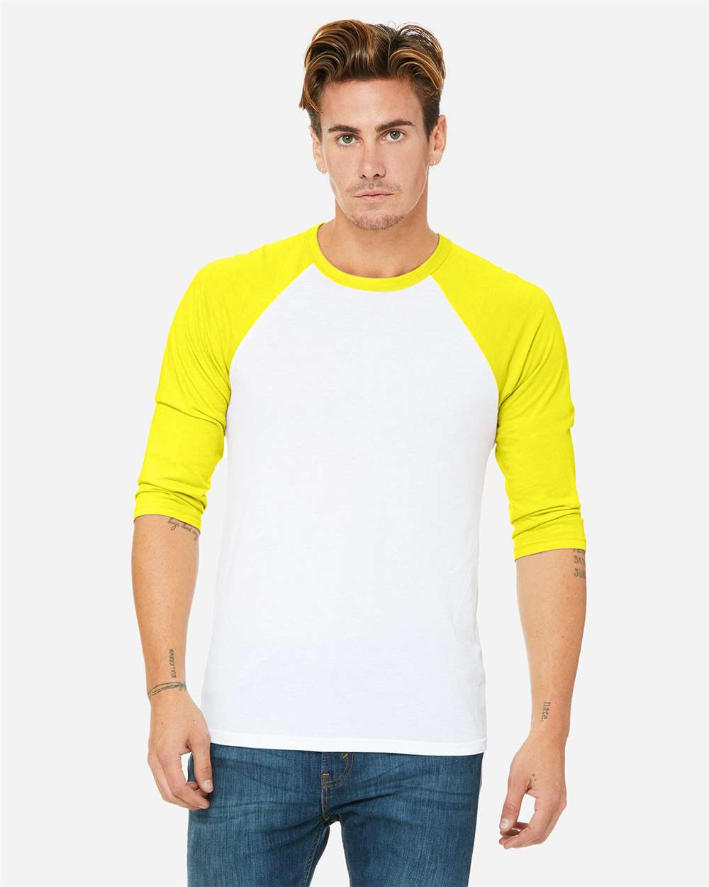 Unisex Three-Quarter Sleeve Baseball Tee - OnModelFront - B80106052 - White/ Neon Yellow