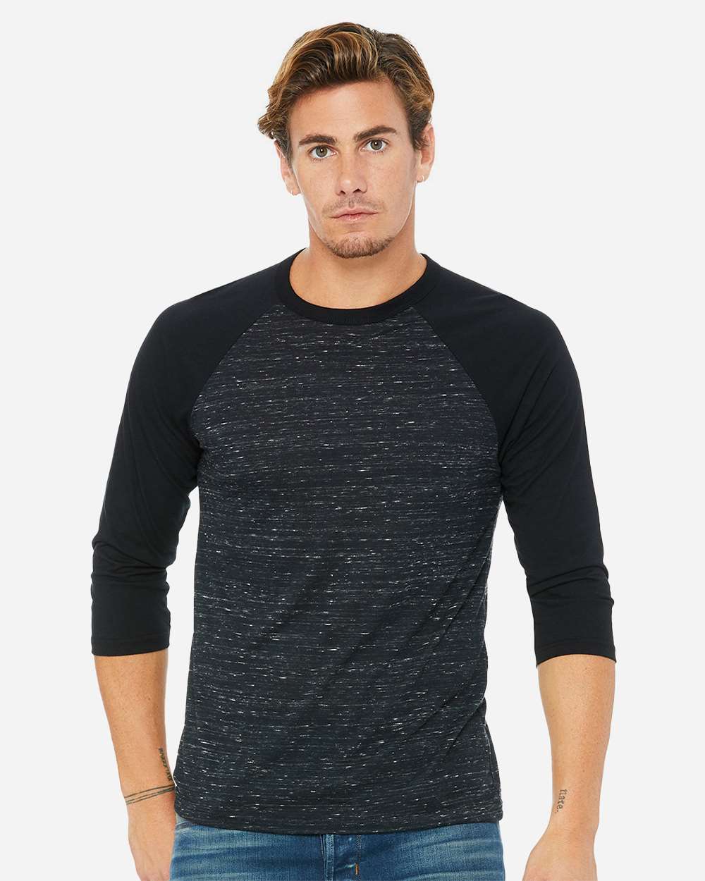 Unisex Three-Quarter Sleeve Baseball Tee - OnModelFront - B80106502 - Black Marble/ Black