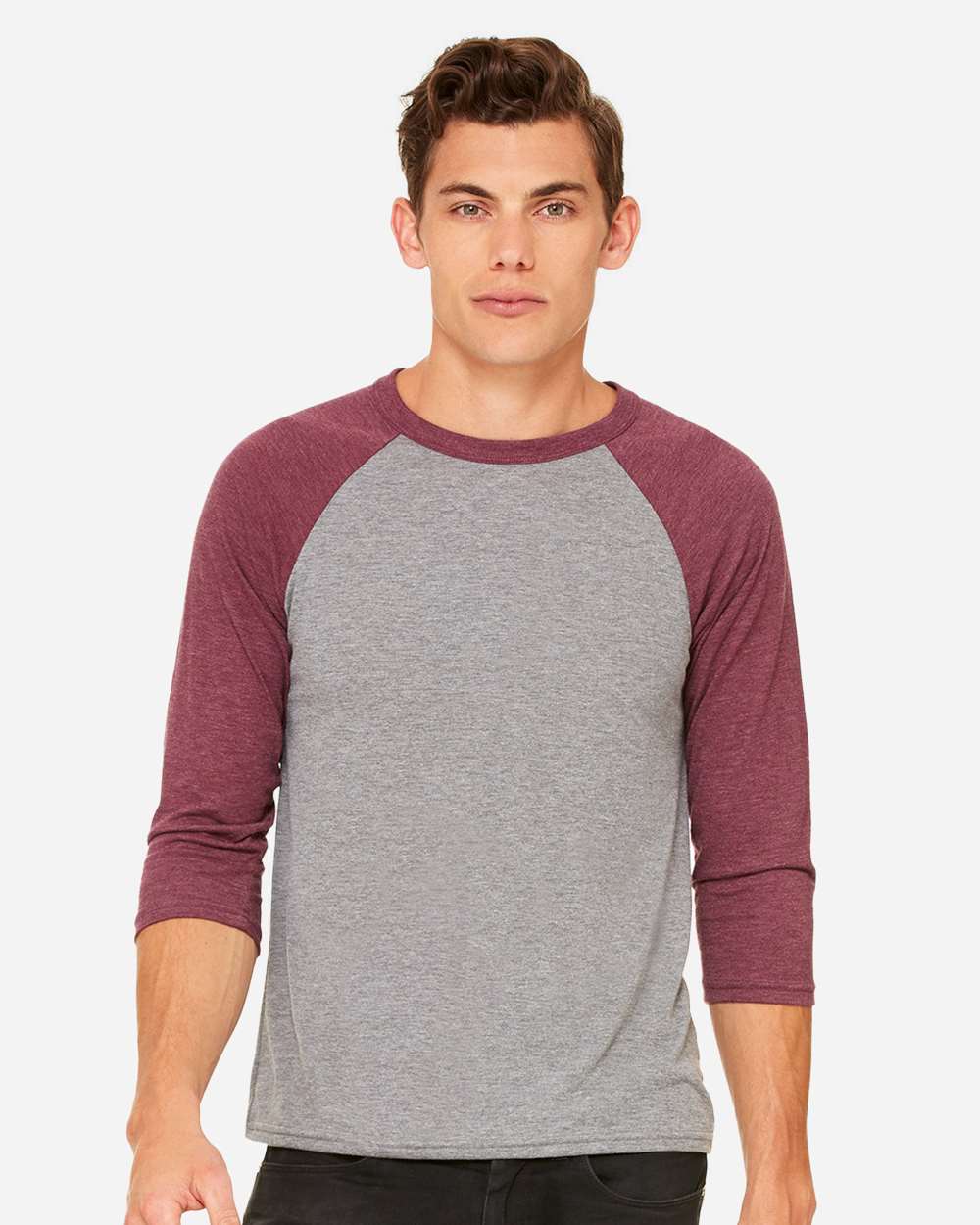 Unisex Three-Quarter Sleeve Baseball Tee - OnModelFront - B80106532 - Grey/ Maroon Triblend