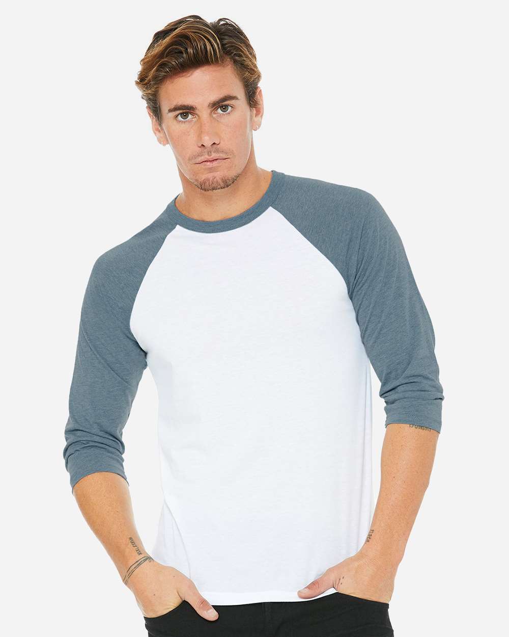 Unisex Three-Quarter Sleeve Baseball Tee - OnModelFront - B80106682 - White/ Denim