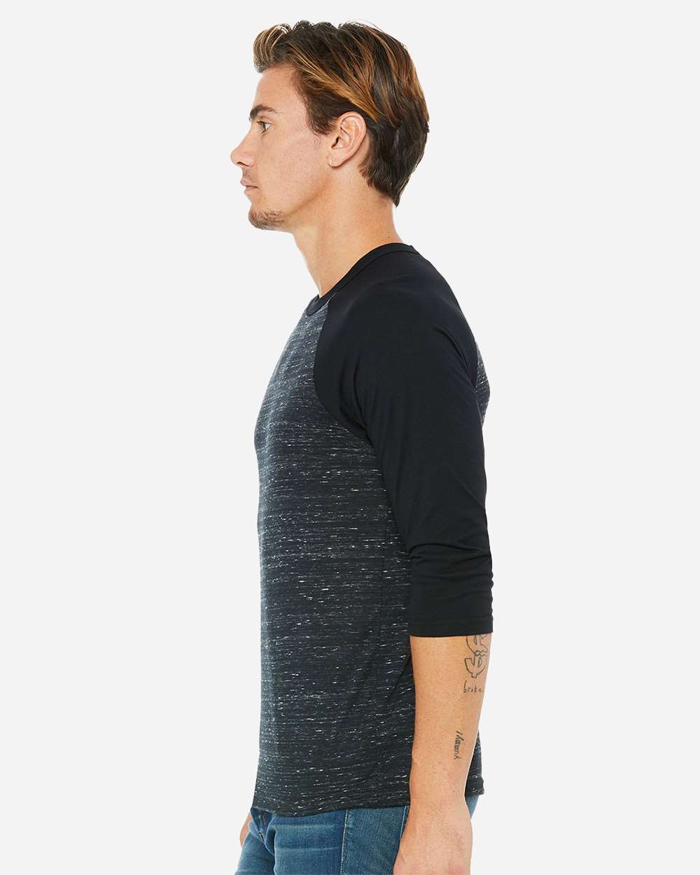 Unisex Three-Quarter Sleeve Baseball Tee - OnModelSide - B80106502 - Black Marble/ Black