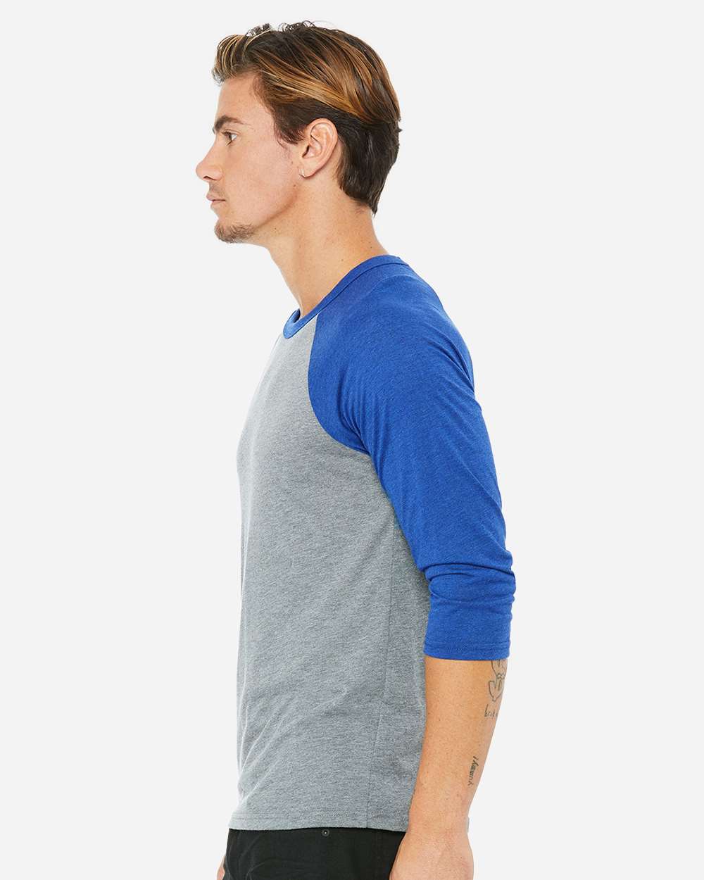 Unisex Three-Quarter Sleeve Baseball Tee - OnModelSide - B80106742 - Grey/ True Royal Triblend