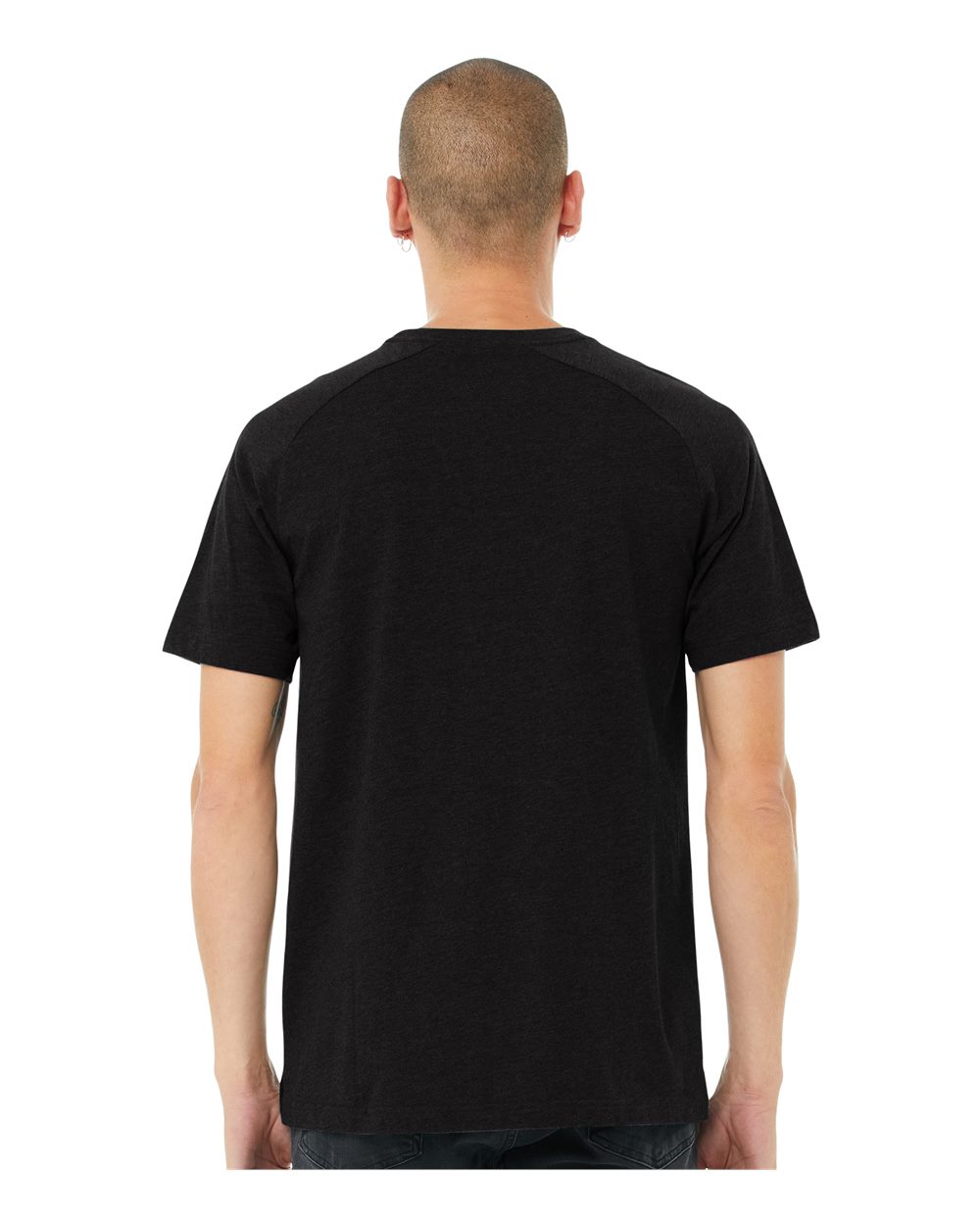 Men's Heather CVC Raglan Tee - OnModelBack - B37106513 - Black Heather