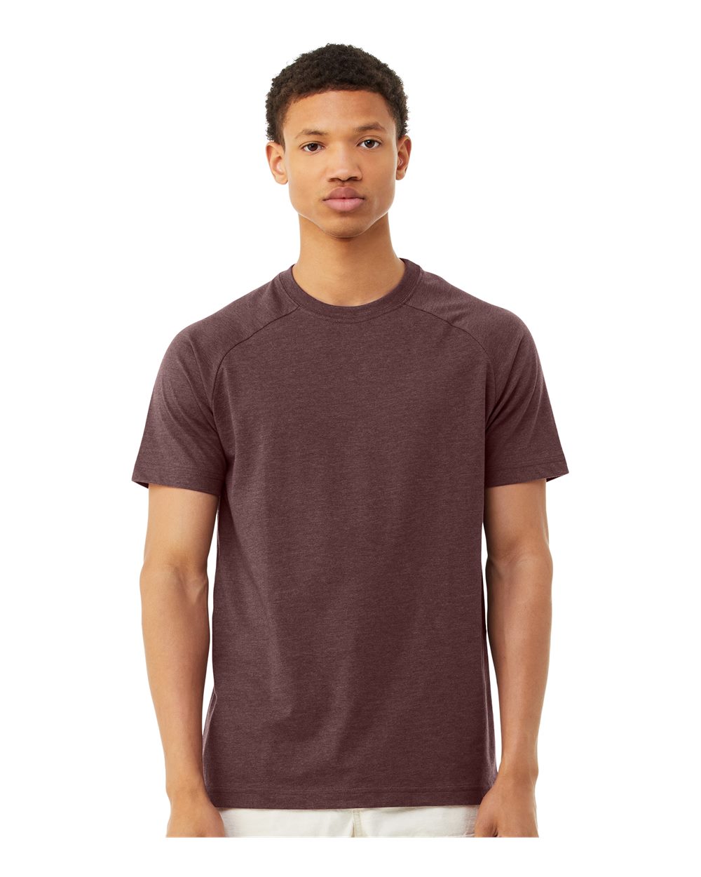 Men's Heather CVC Raglan Tee - OnModelFront - B37106523 - Heather Maroon