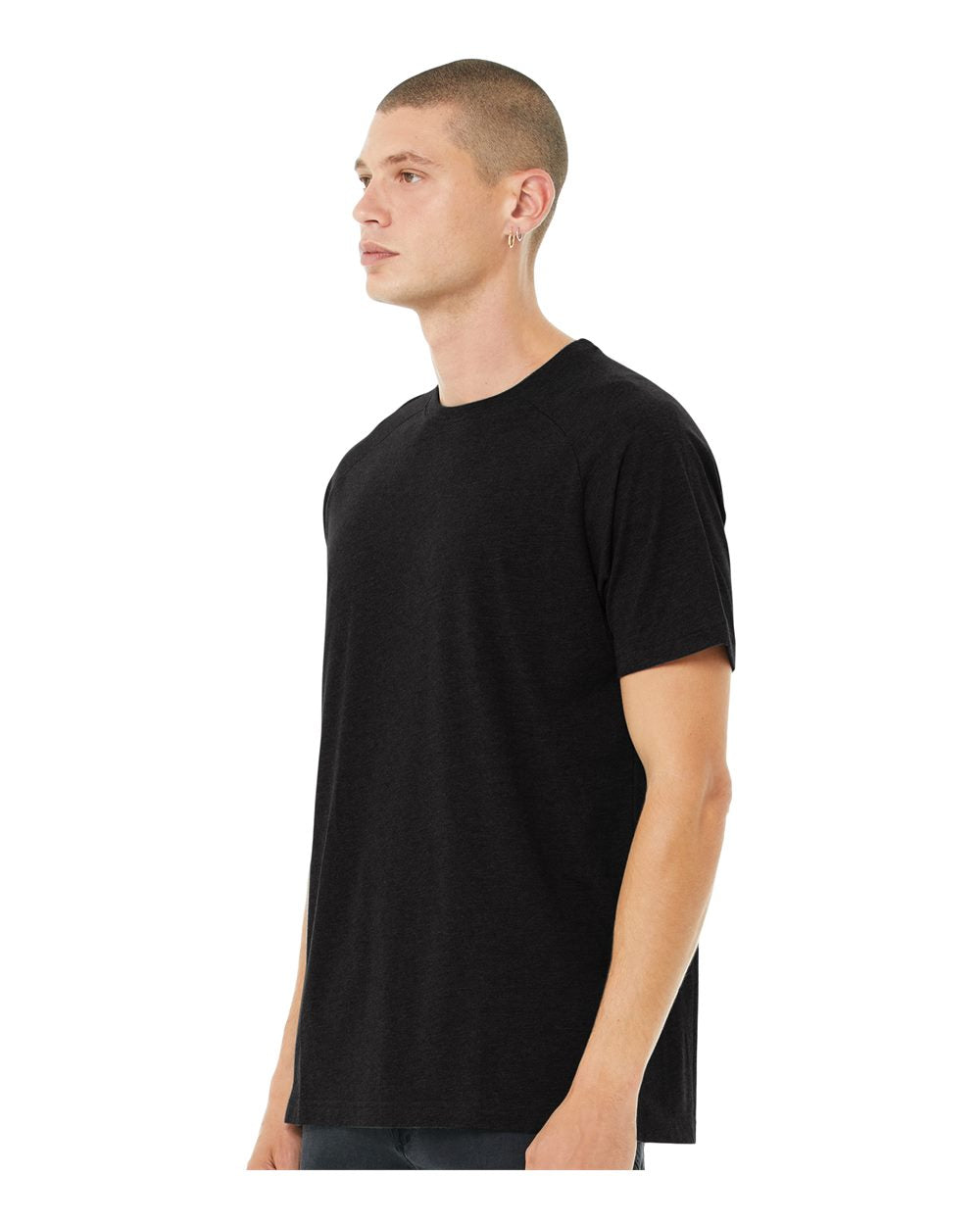 Men's Heather CVC Raglan Tee - OnModelSide - B37106513 - Black Heather