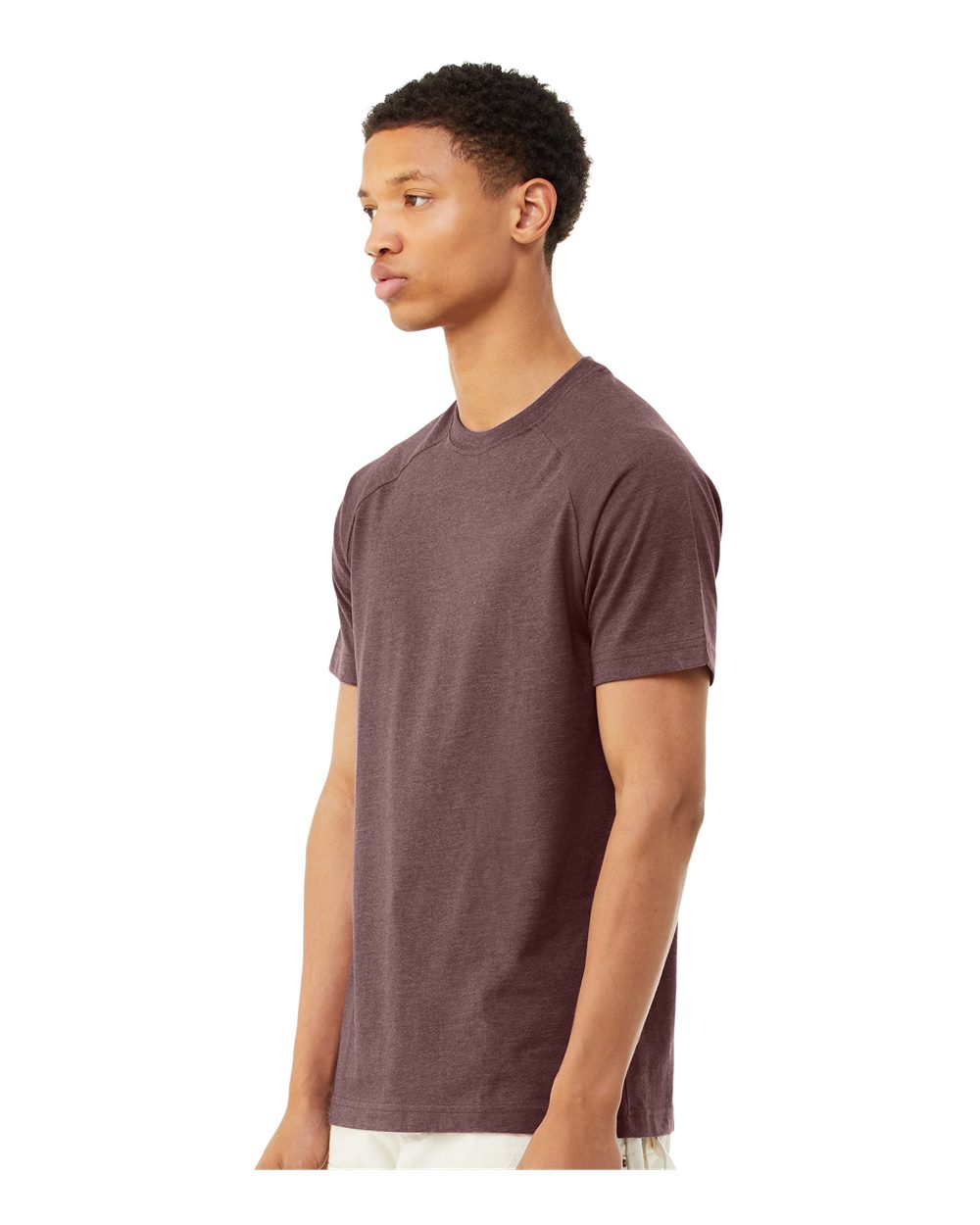 Men's Heather CVC Raglan Tee - OnModelSide - B37106523 - Heather Maroon