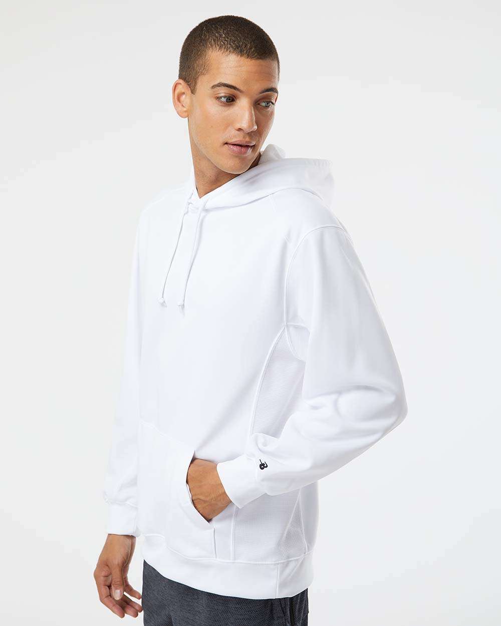 Men's Performance Fleece Hooded Sweatshirt - OnModelSide - B84985002 - White