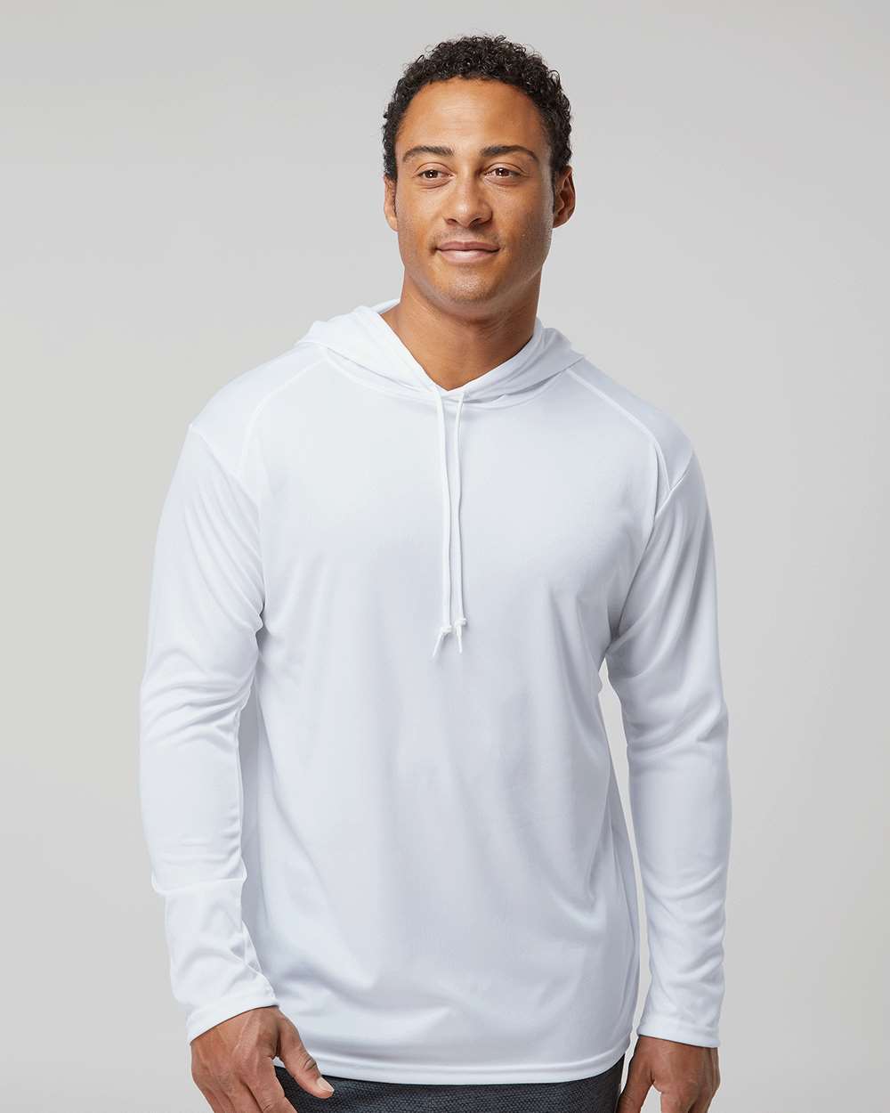 Unisex B-Core Hooded Long Sleeve T-Shirt - OnModelFront - B27885002 - White