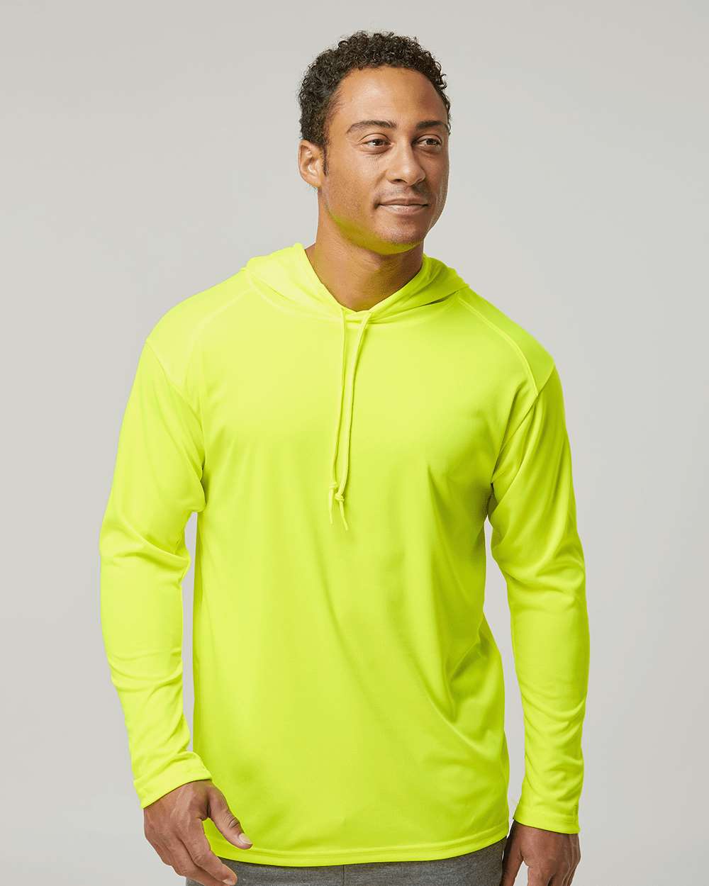 Unisex B-Core Hooded Long Sleeve T-Shirt - OnModelFront - B27885172 - Safety Yellow