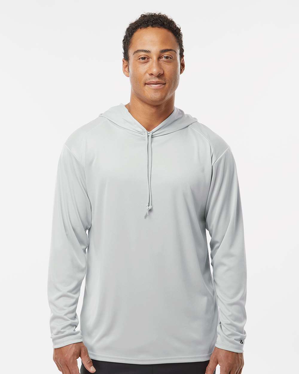 Unisex B-Core Hooded Long Sleeve T-Shirt - OnModelFront - B27885352 - Silver