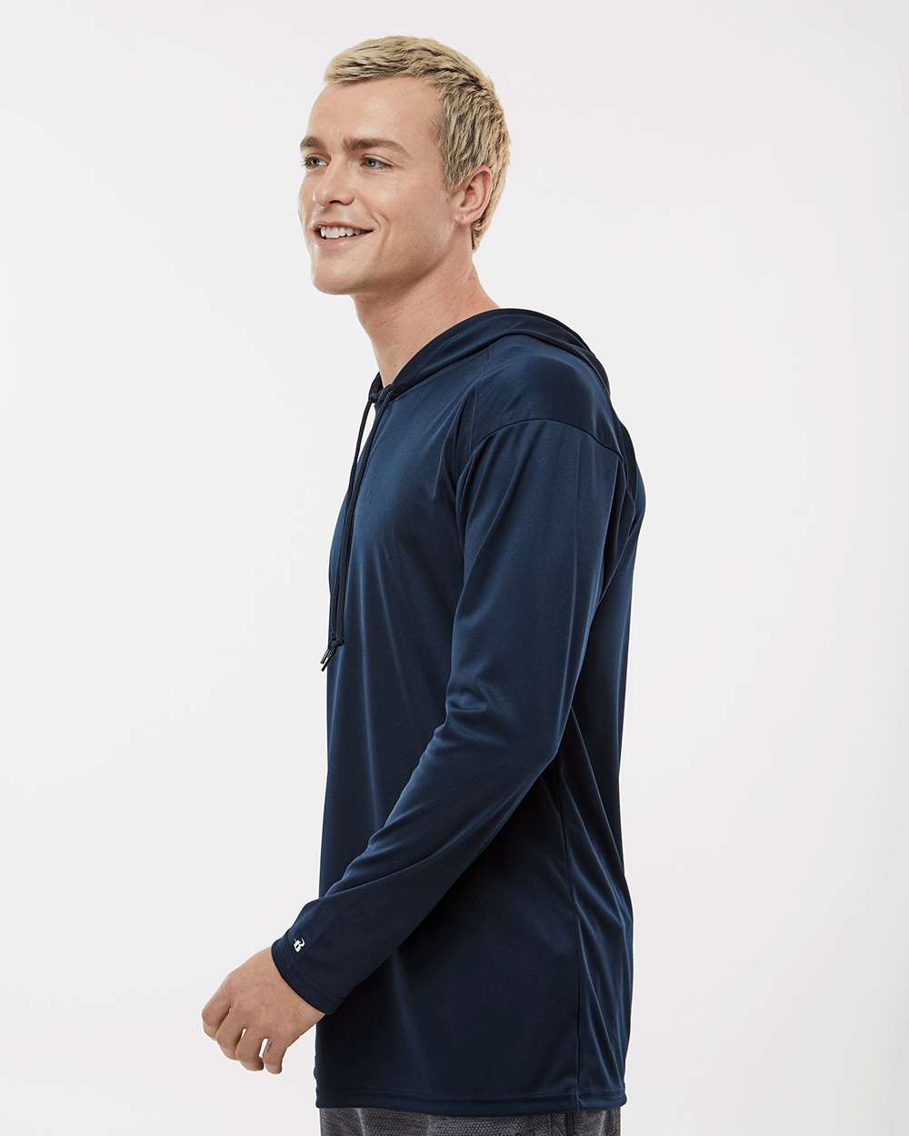 Unisex B-Core Hooded Long Sleeve T-Shirt - OnModelSide - B27885652 - Navy