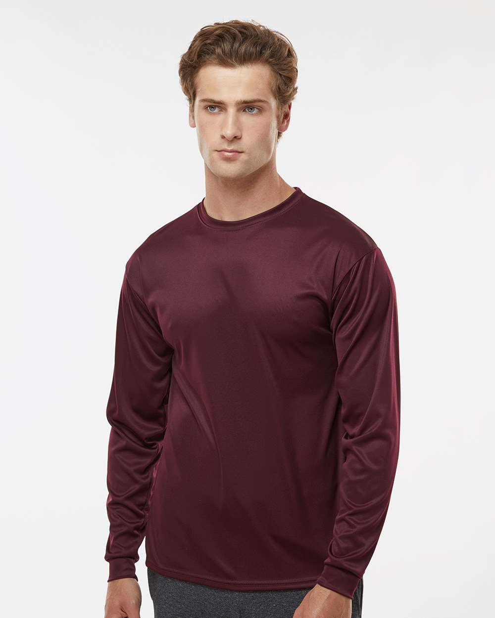 Unisex Performance Long Sleeve T-Shirt - OnModelFront - B85585533 - Maroon