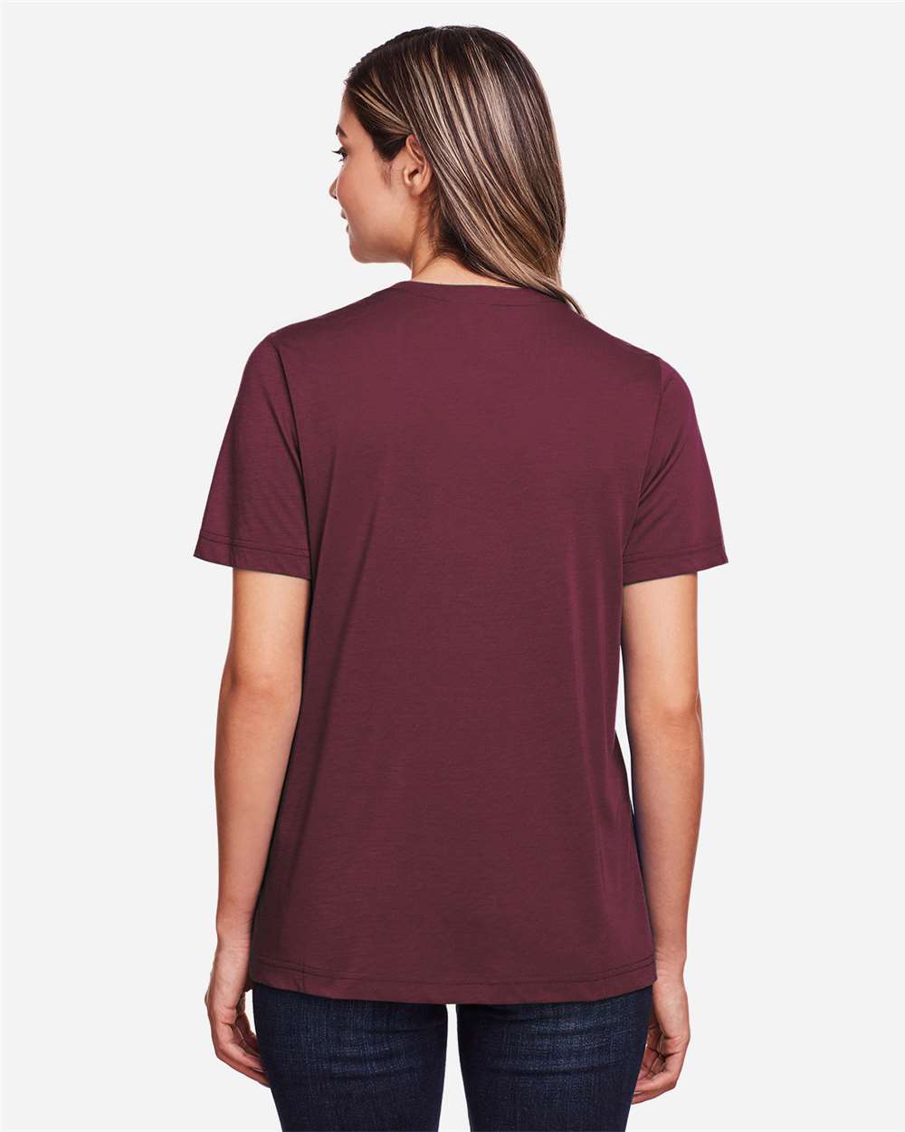 Women's Fusion ChromaSoft™ Performance T-Shirt - OnModelBack - B273A7532 - Burgundy