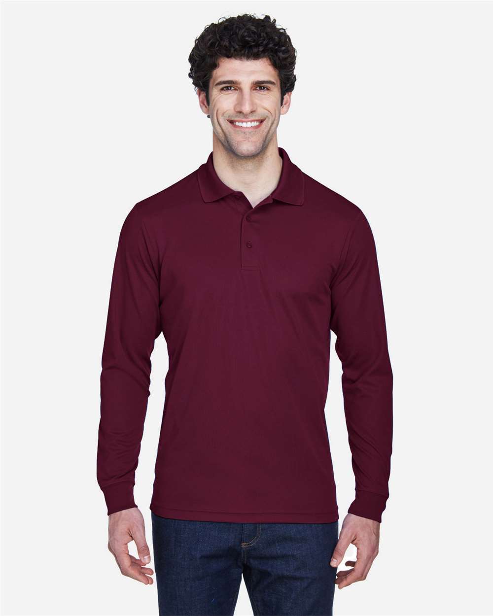 Men's Pinnacle Performance Long Sleeve Piqué Polo - OnModelFront - B237A7533 - Burgundy