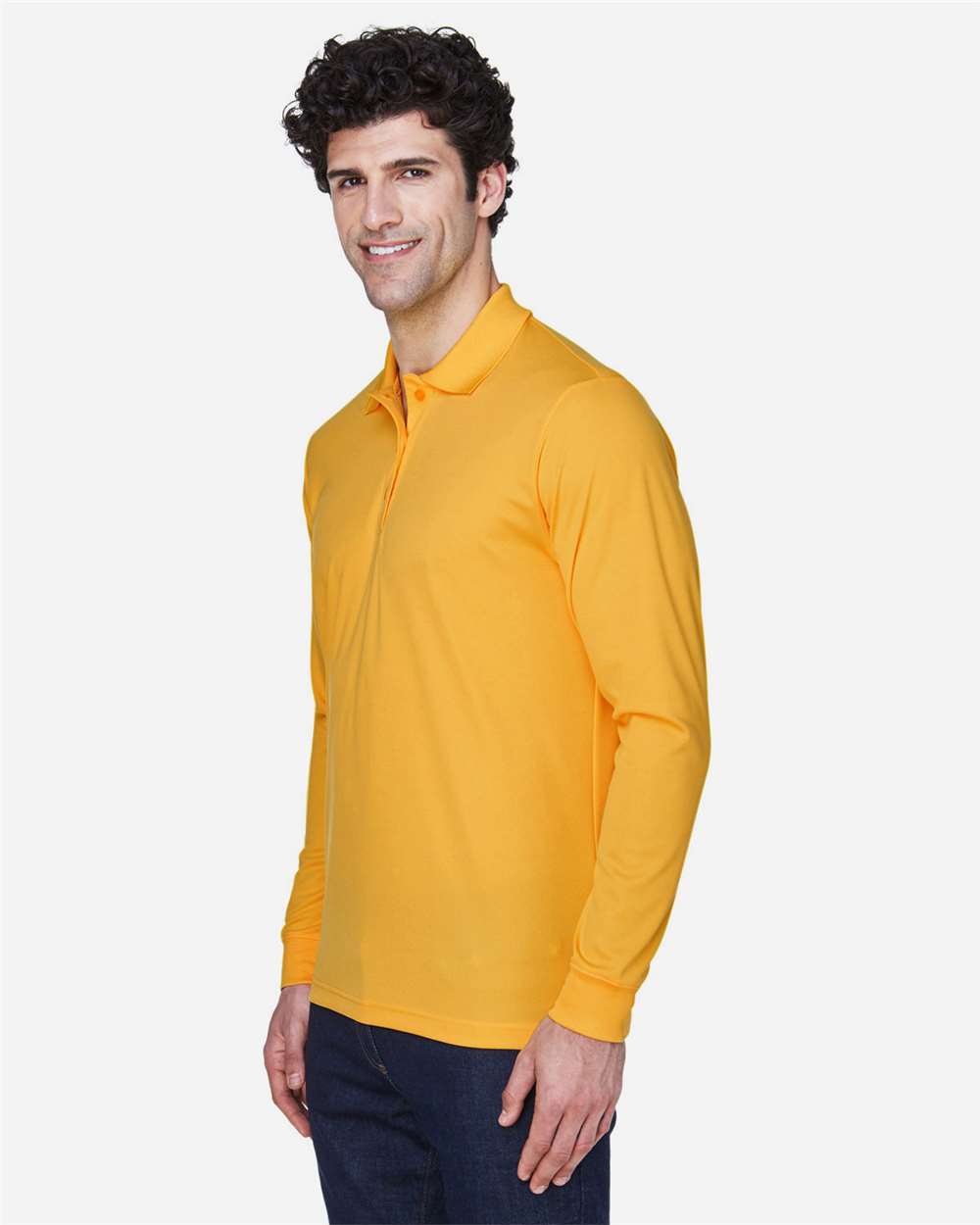 Men's Pinnacle Performance Long Sleeve Piqué Polo - OnModelSide - B237A7123 - Campus Gold