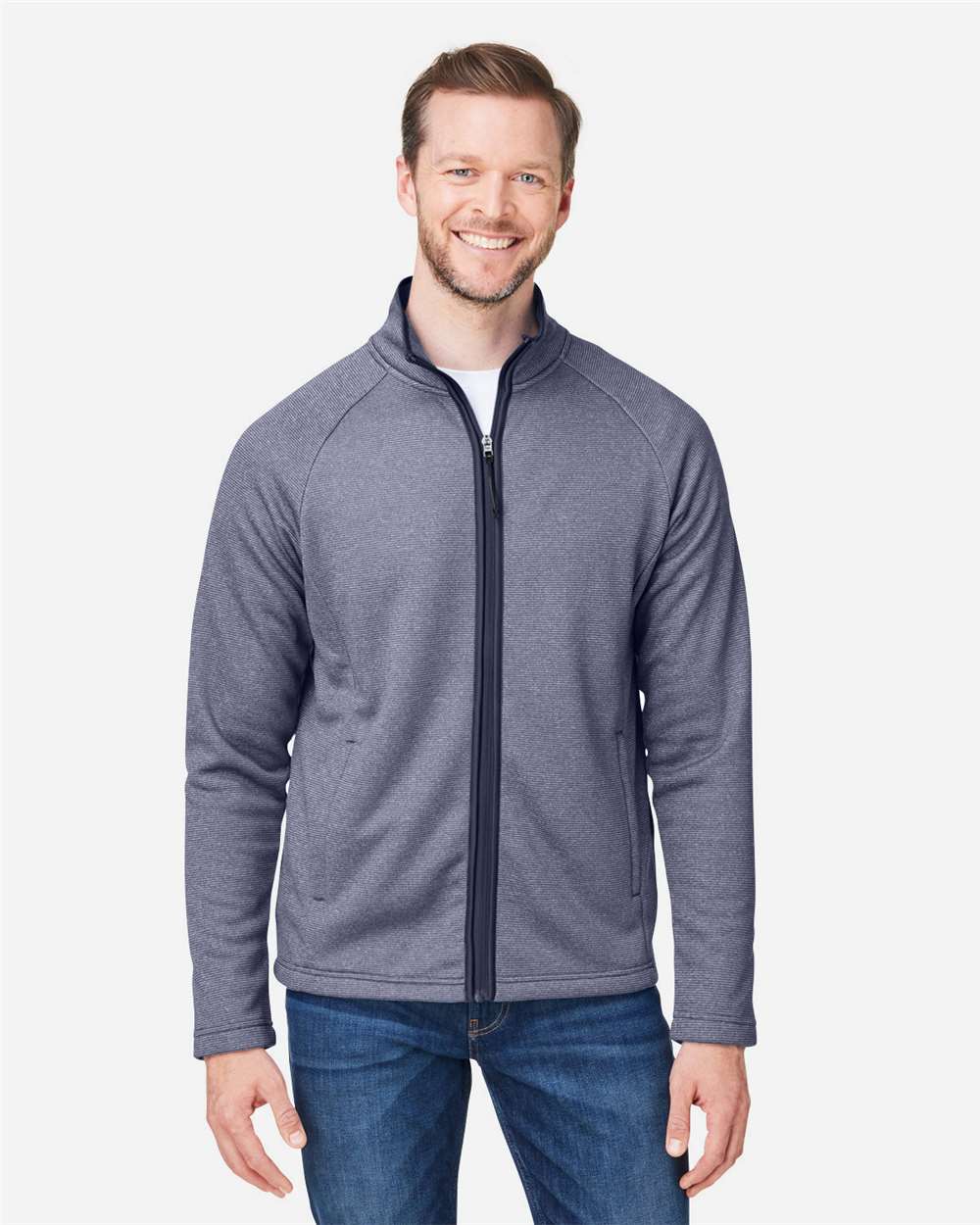 Men's Venture Heathered Stripe Full-Zip - OnModelFront - B311A7653 - Classic Navy/ White