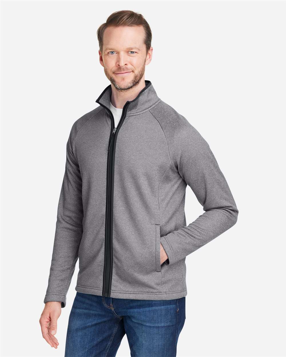 Men's Venture Heathered Stripe Full-Zip - OnModelSide - B311A7503 - Black/ White