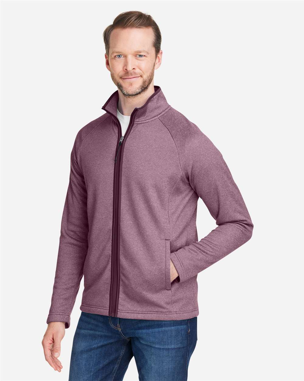 Men's Venture Heathered Stripe Full-Zip - OnModelSide - B311A7543 - Burgundy/ White
