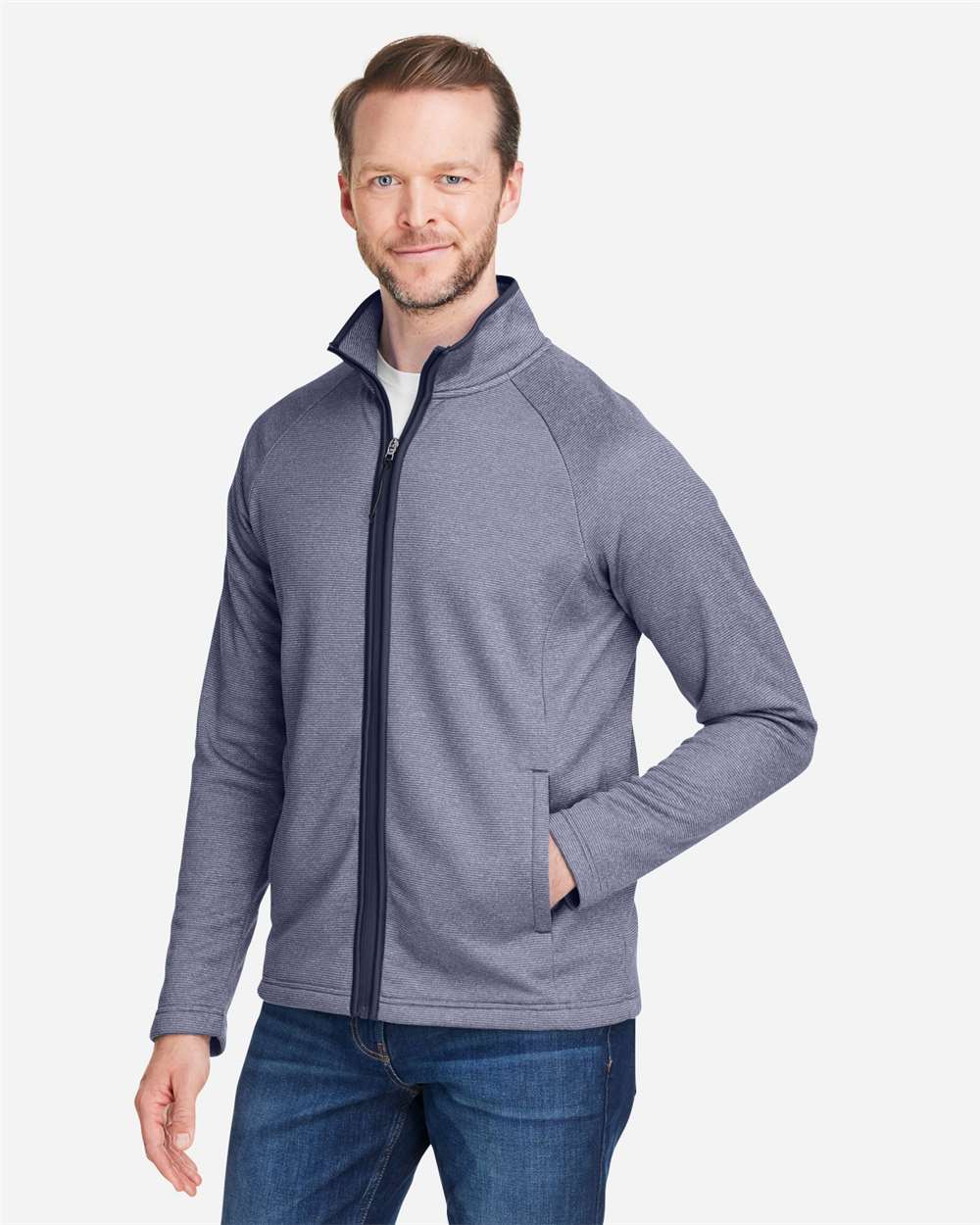 Men's Venture Heathered Stripe Full-Zip - OnModelSide - B311A7653 - Classic Navy/ White