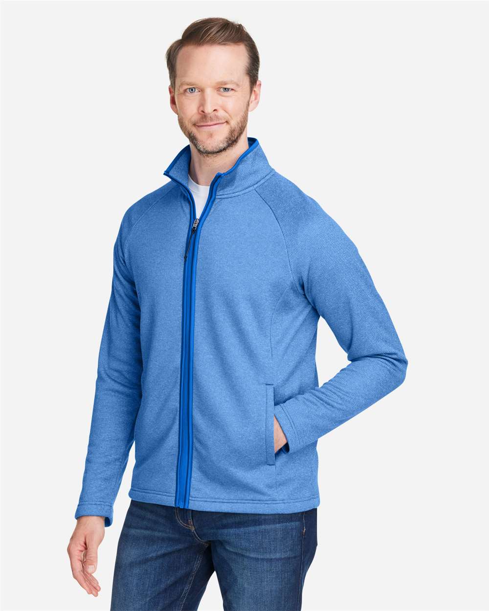 Men's Venture Heathered Stripe Full-Zip - OnModelSide - B311A7753 - True Royal/ White