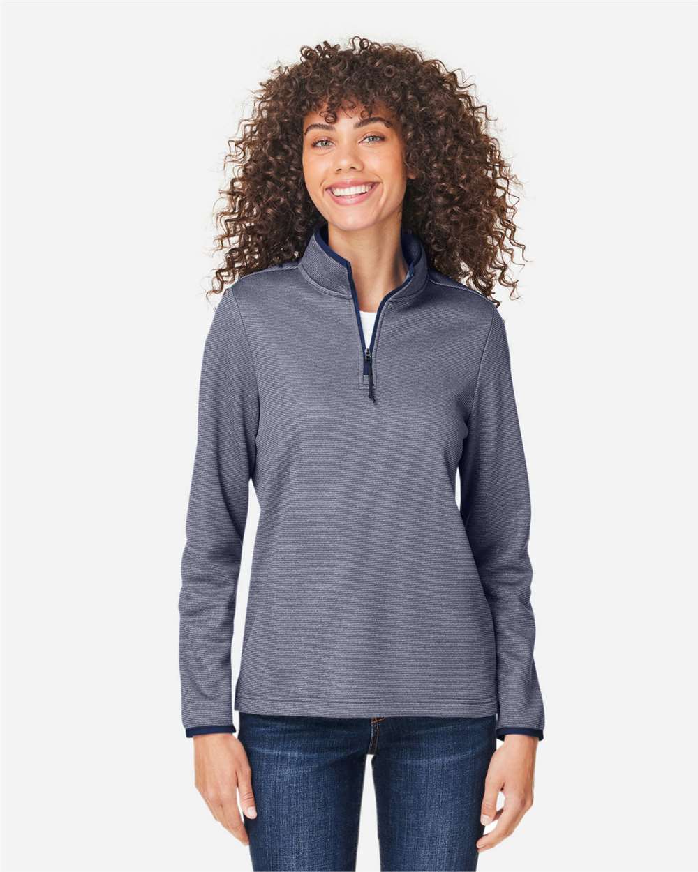 Women's Venture Heathered Stripe Quarter-Zip Pullover - OnModelFront - B318A7652 - Classic Navy/ White