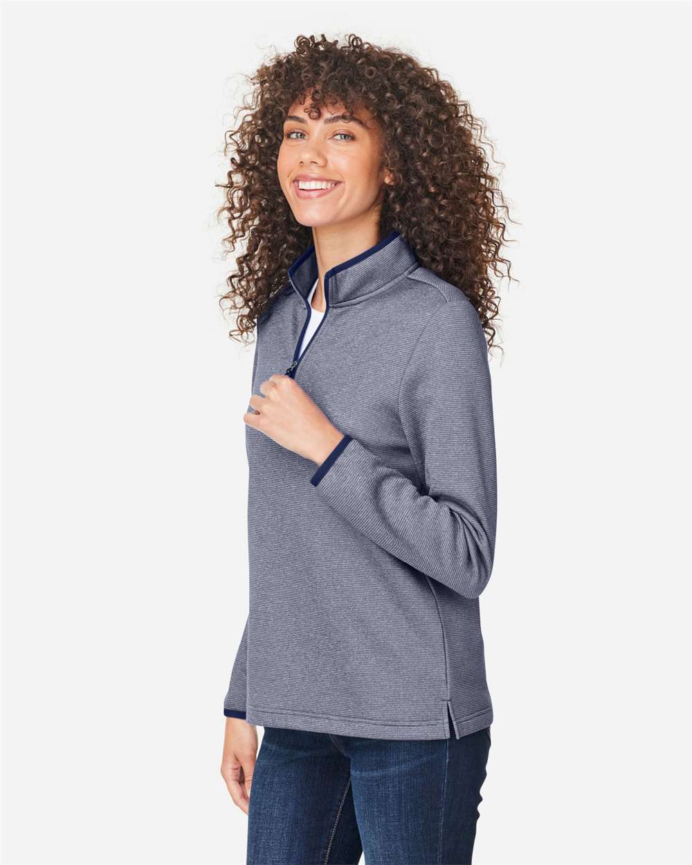 Women's Venture Heathered Stripe Quarter-Zip Pullover - OnModelSide - B318A7652 - Classic Navy/ White