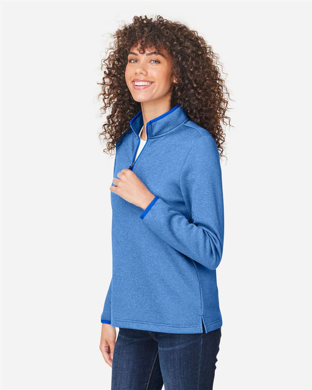 Women's Venture Heathered Stripe Quarter-Zip Pullover - OnModelSide - B318A7752 - True Royal/ White