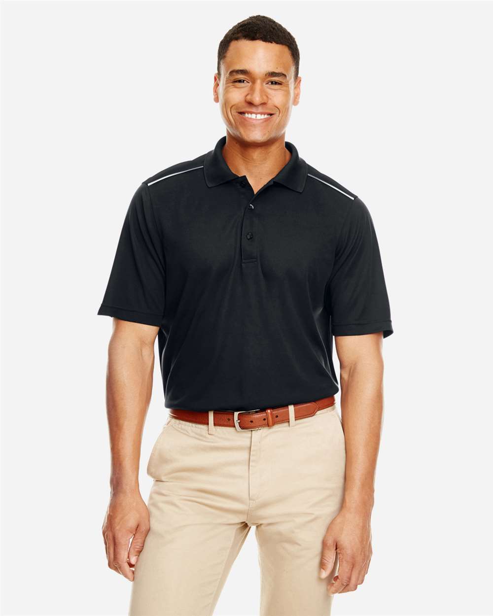 Men's Radiant Performance Piqué Polo with Reflective Piping - OnModelFront - B223A7503 - Black