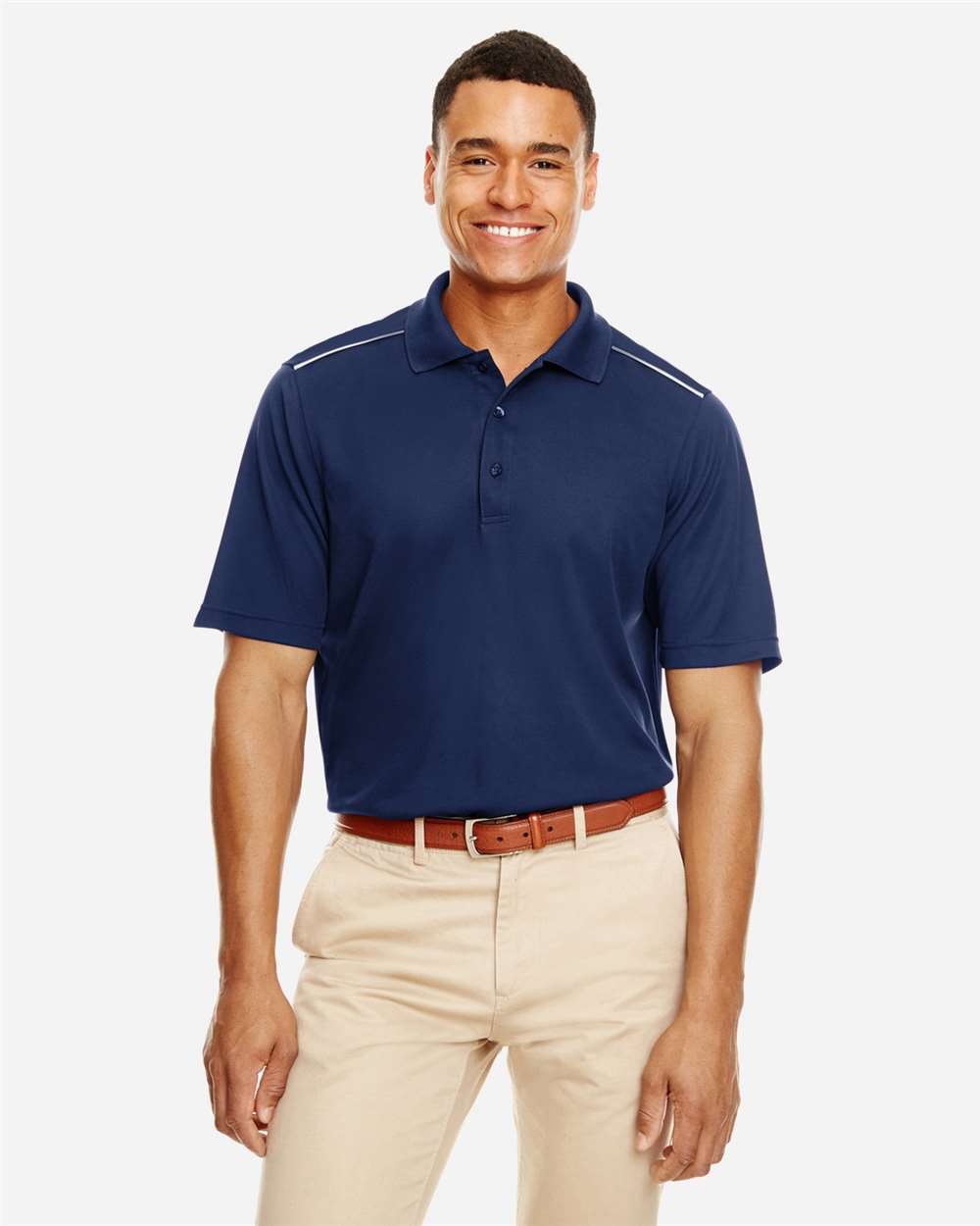 Men's Radiant Performance Piqué Polo with Reflective Piping - OnModelFront - B223A7653 - Classic Navy