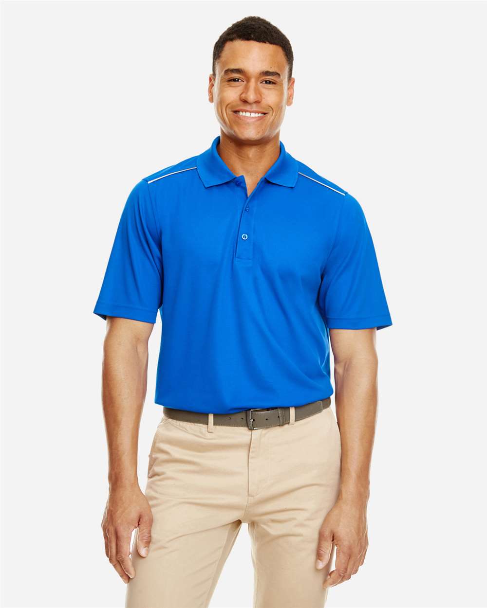 Men's Radiant Performance Piqué Polo with Reflective Piping - OnModelFront - B223A7753 - True Royal
