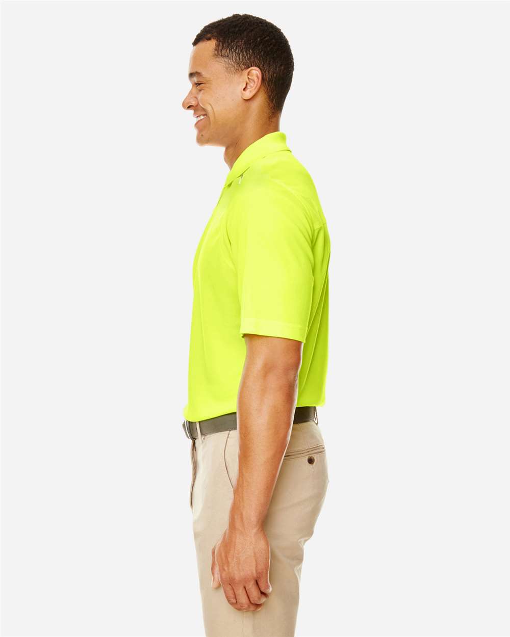Men's Radiant Performance Piqué Polo with Reflective Piping - OnModelSide - B223A7163 - Safety Yellow