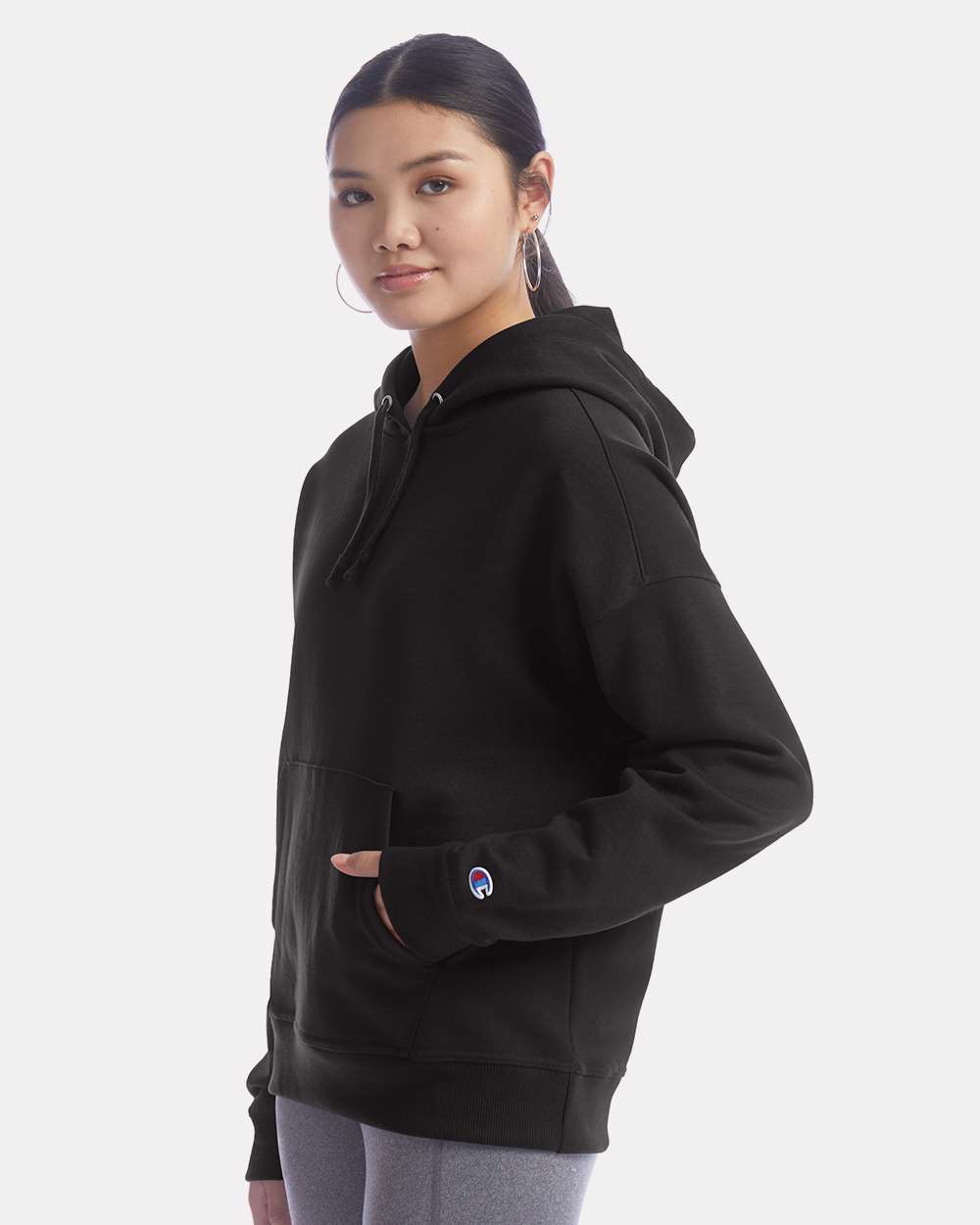 Women's Powerblend® Hooded Sweatshirt - OnModelSide - B04584503 - Black