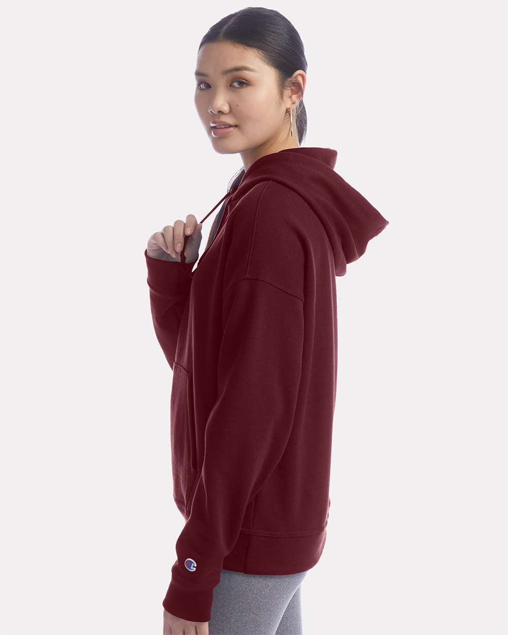 Women's Powerblend® Hooded Sweatshirt - OnModelSide - B04584533 - Maroon