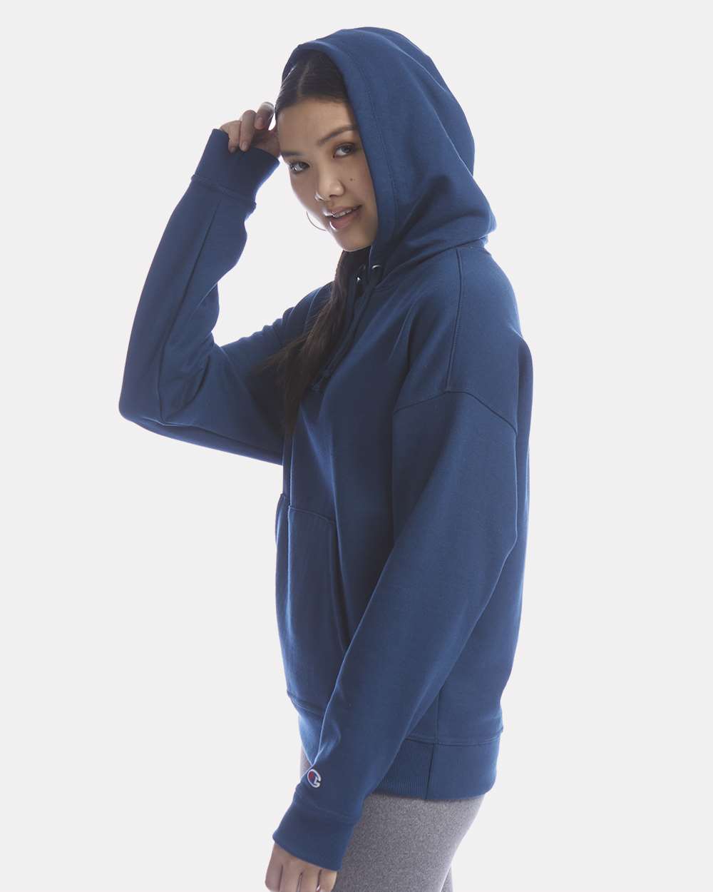 Women's Powerblend® Hooded Sweatshirt - OnModelSide - B04584653 - Late Night Blue