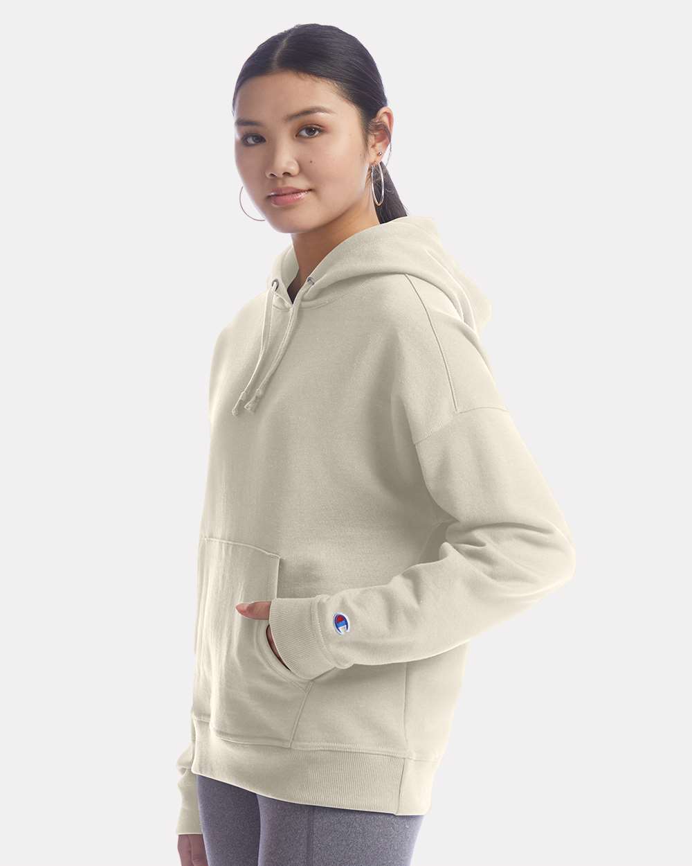 Women's Powerblend® Hooded Sweatshirt - OnModelSide - B04584733 - Sand