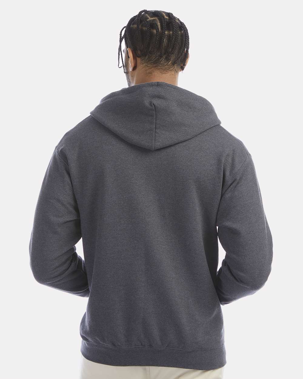 Men's Powerblend® Full-Zip Hooded Sweatshirt - OnModelBack - B25384093 - Charcoal Heather