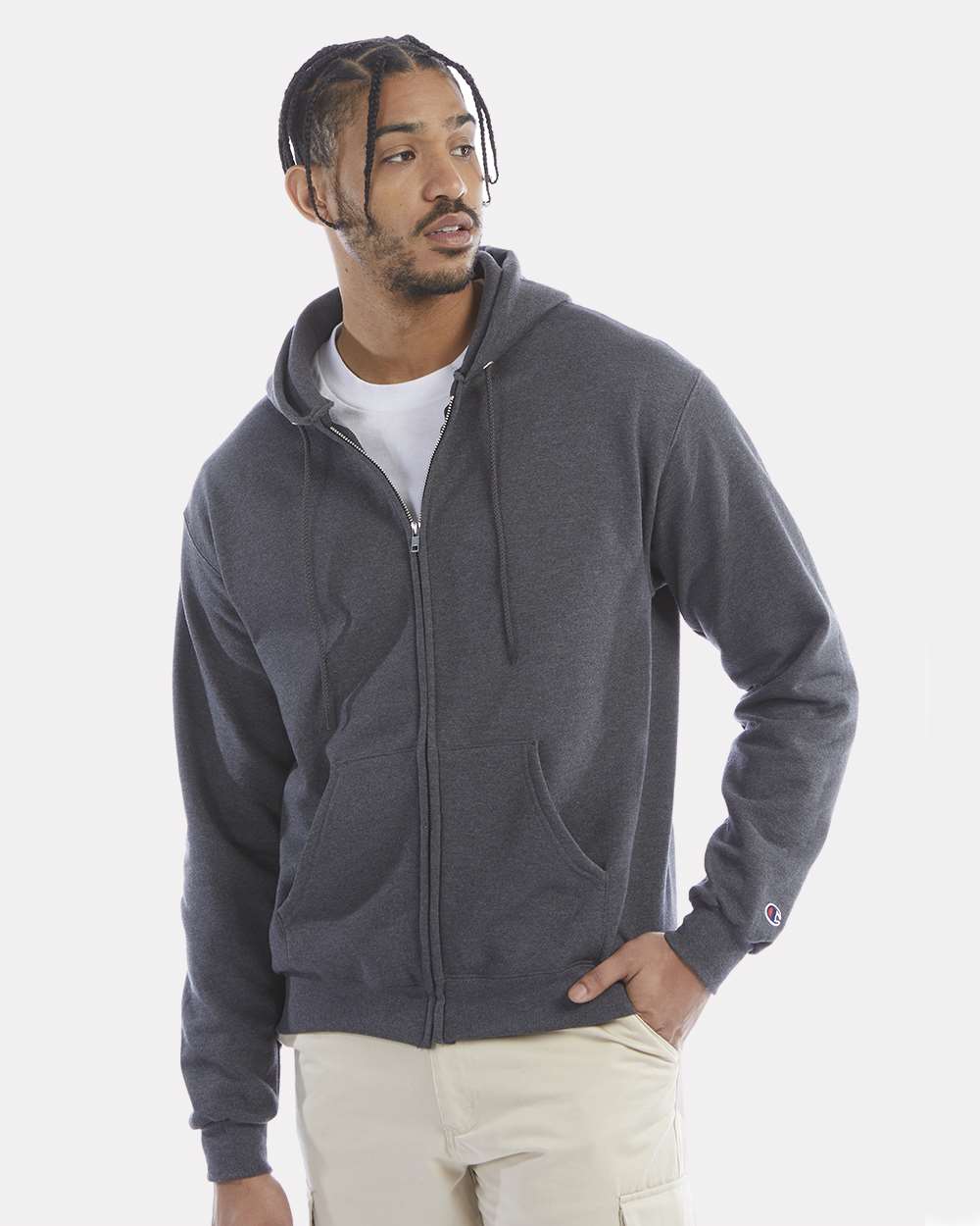 Men's Powerblend® Full-Zip Hooded Sweatshirt - OnModelFront - B25384093 - Charcoal Heather