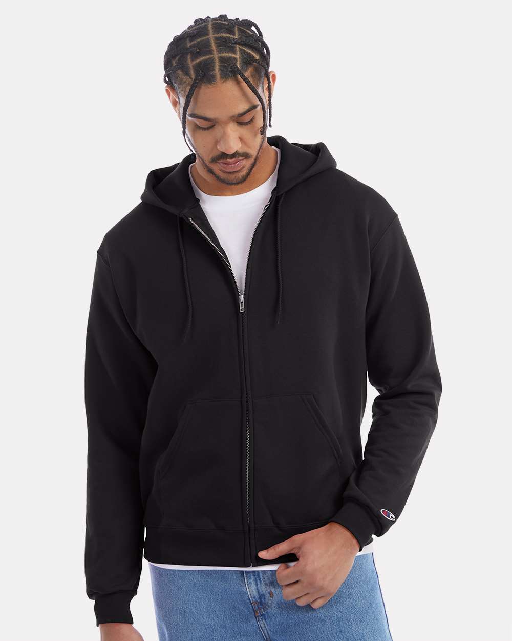 Men's Powerblend® Full-Zip Hooded Sweatshirt - OnModelFront - B25384503 - Black
