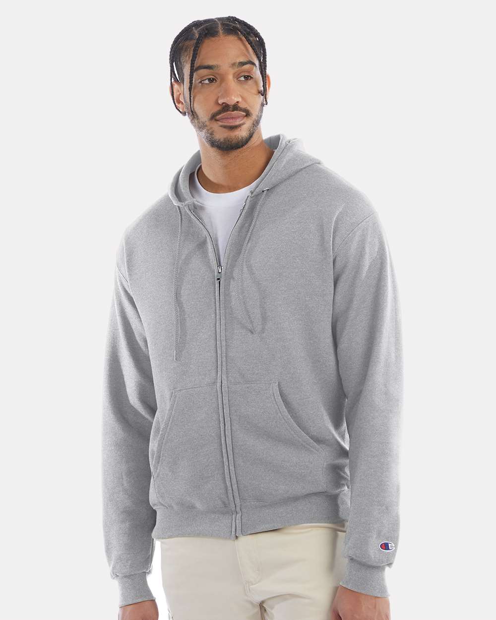 Men's Powerblend® Full-Zip Hooded Sweatshirt - OnModelFront - B25384583 - Light Steel