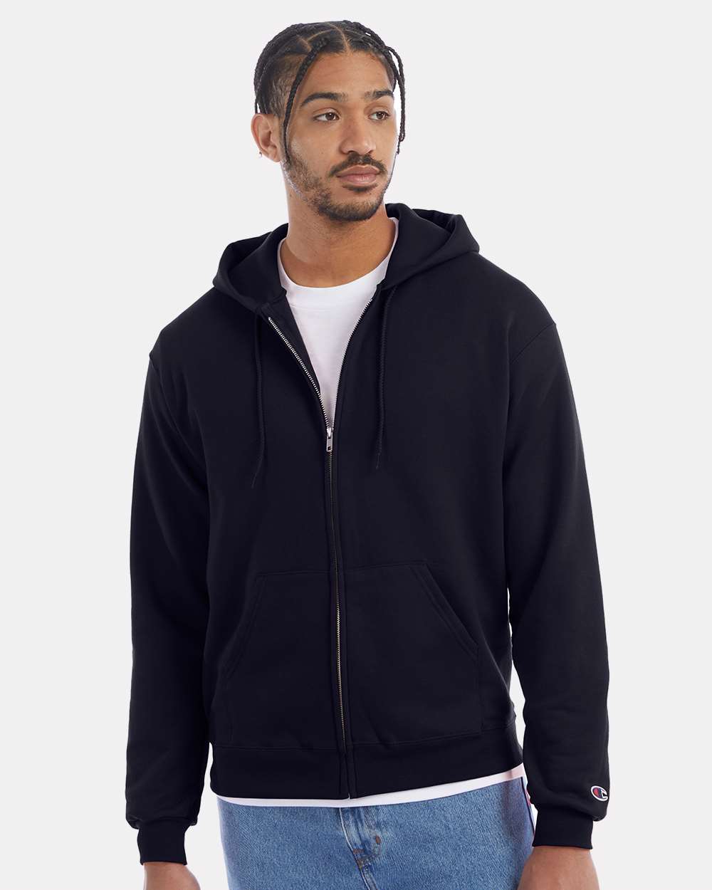 Men's Powerblend® Full-Zip Hooded Sweatshirt - OnModelFront - B25384653 - Navy