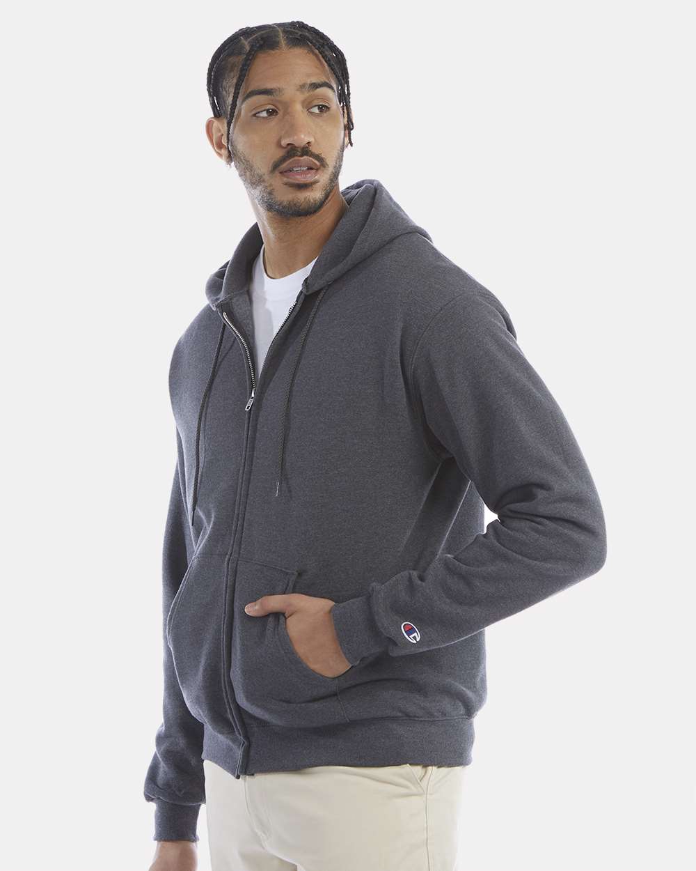 Men's Powerblend® Full-Zip Hooded Sweatshirt - OnModelSide - B25384093 - Charcoal Heather