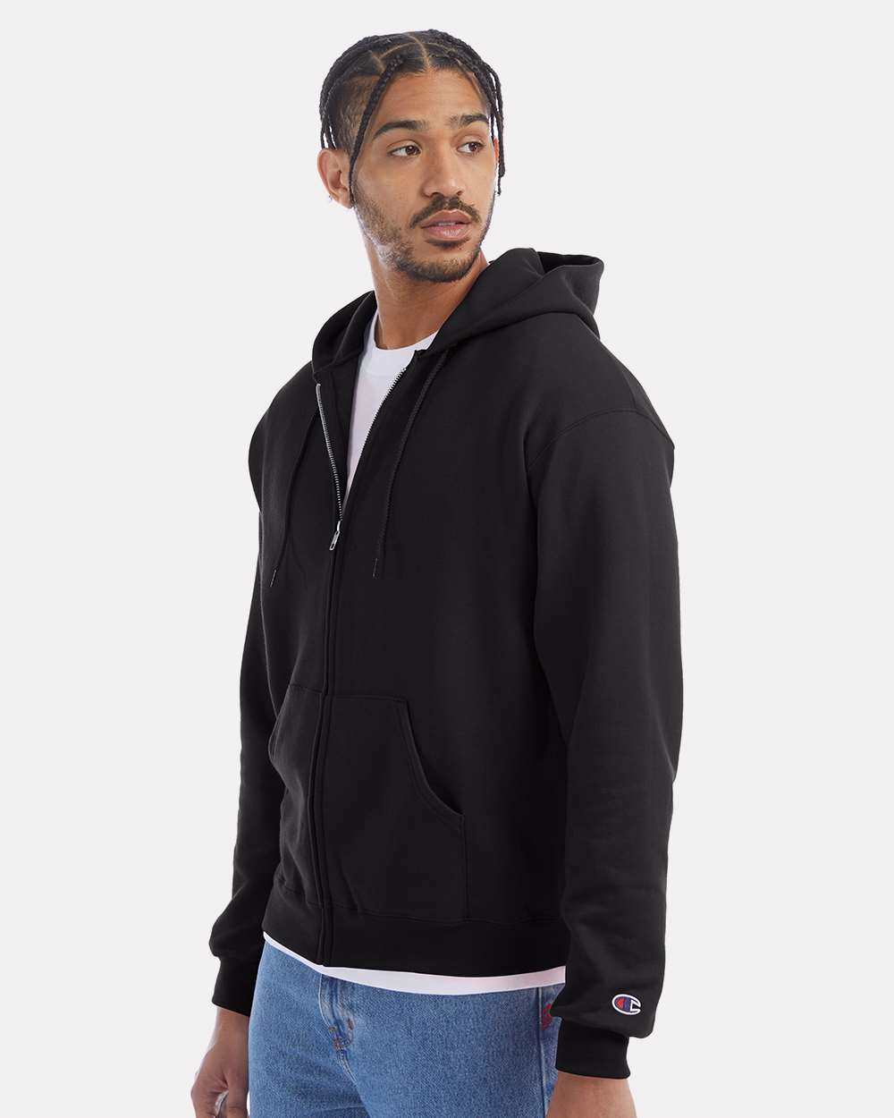 Men's Powerblend® Full-Zip Hooded Sweatshirt - OnModelSide - B25384503 - Black