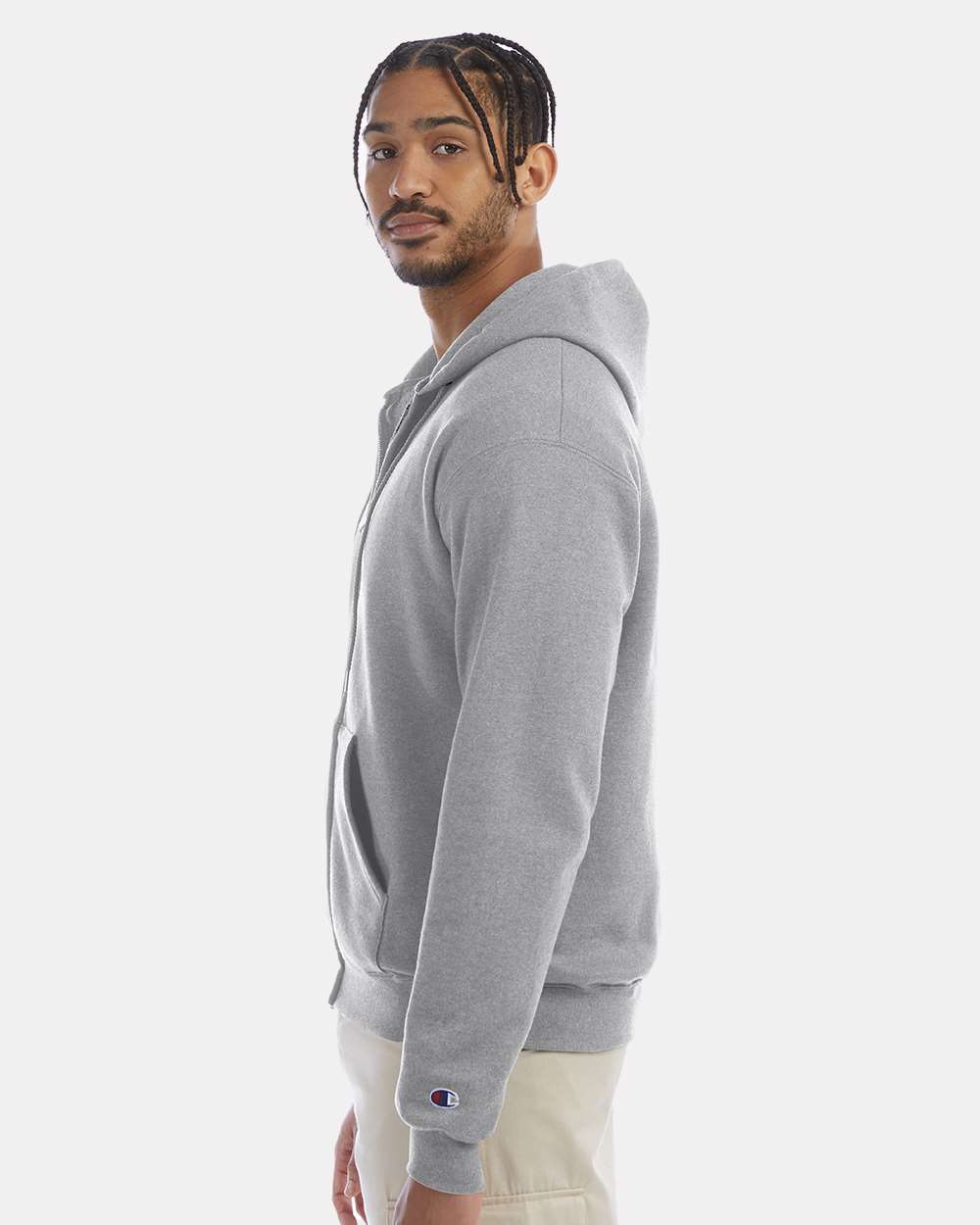 Men's Powerblend® Full-Zip Hooded Sweatshirt - OnModelSide - B25384583 - Light Steel