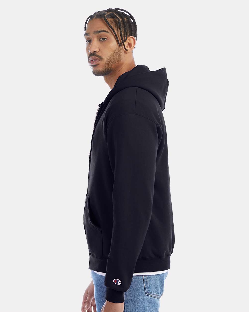 Men's Powerblend® Full-Zip Hooded Sweatshirt - OnModelSide - B25384653 - Navy