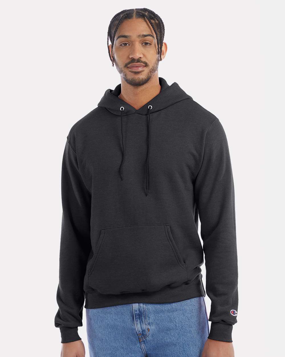 Men's Powerblend® Hooded Sweatshirt - OnModelFront - B22884093 - Charcoal Heather