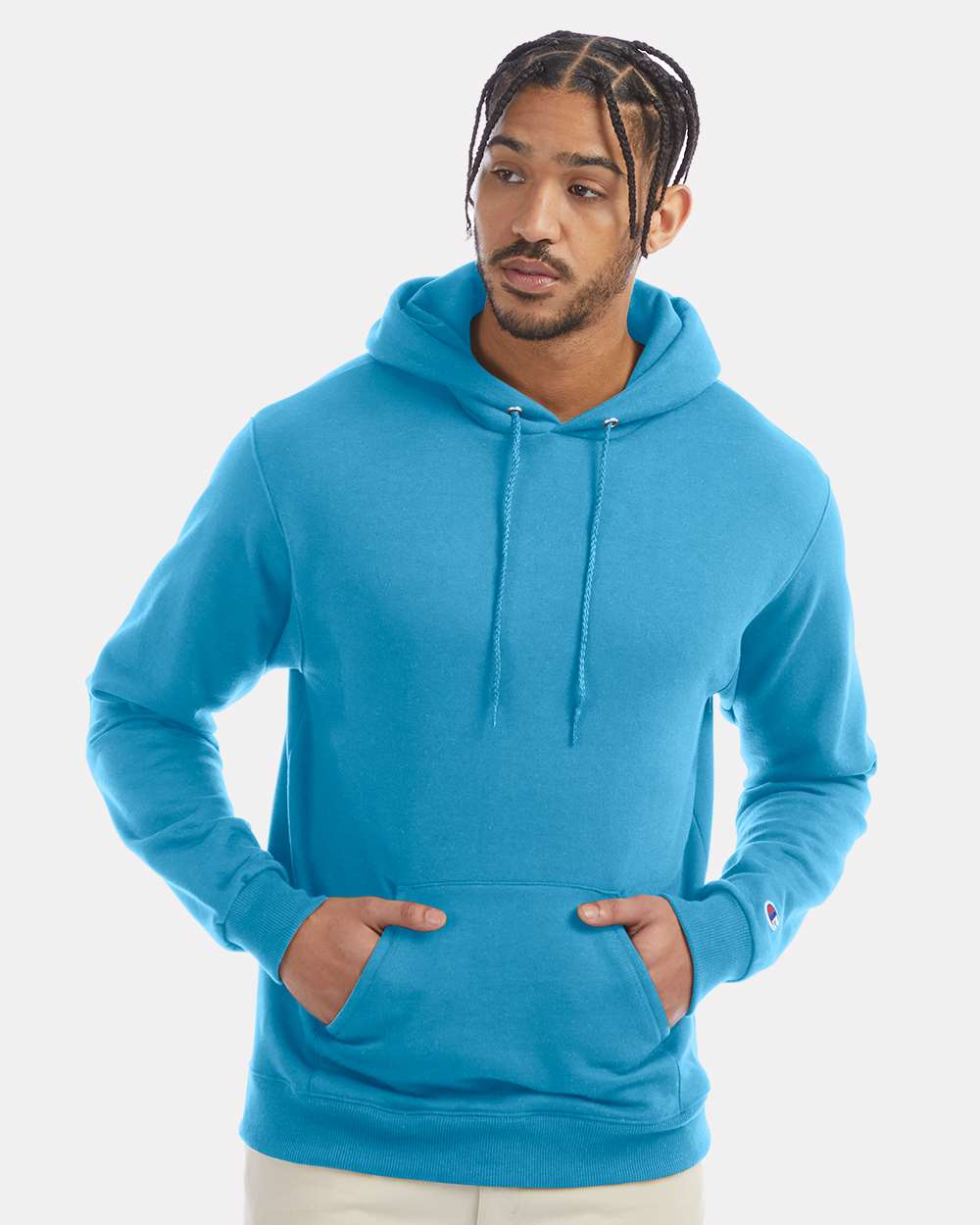 Men's Powerblend® Hooded Sweatshirt - OnModelFront - B22884263 - Blue Lagoon