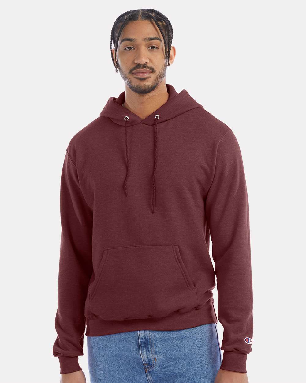 Men's Powerblend® Hooded Sweatshirt - OnModelFront - B22884543 - Maroon Heather